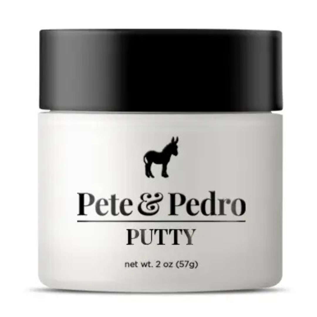 Pete & Pedro hair putty in a 2 oz jar with black lid on a white background