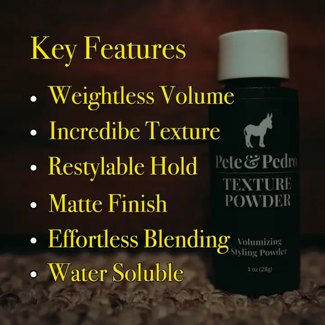 Pete & Pedro Texture Powder highlighting weightless volume, restylable hold, matte finish, and water-soluble formula.