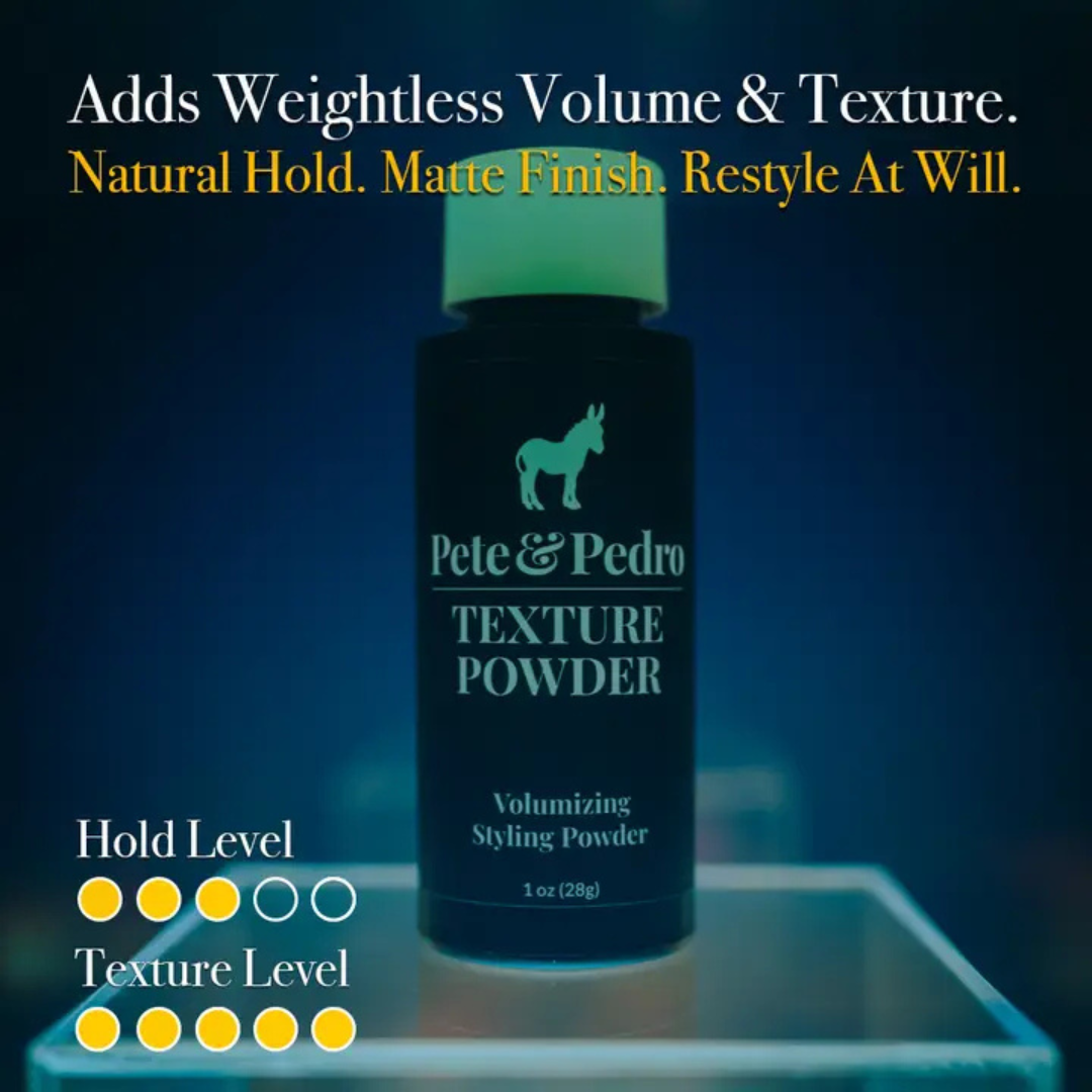 Pete & Pedro Texture Powder volumizing styling powder showing hold and texture level with matte finish and restylable hold.