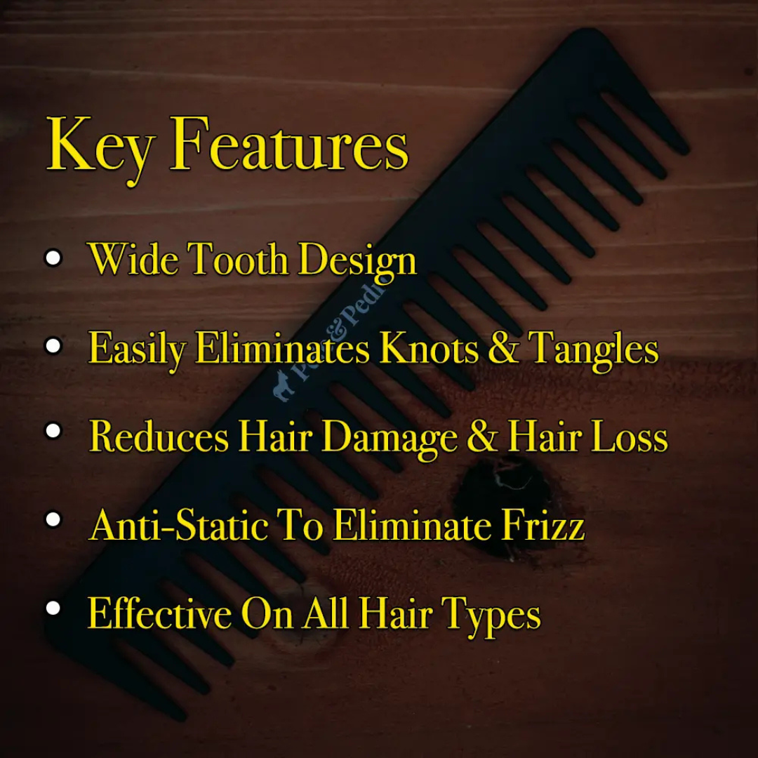 Key features of Pete & Pedro wide tooth detangling comb highlighting knot removal, reduced hair damage, anti-static design, and use on all hair types